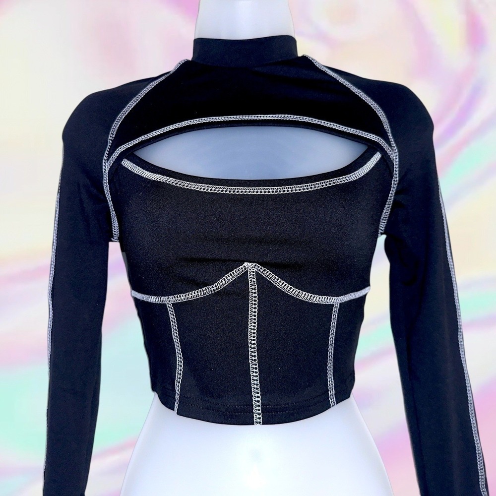 New Medium Black Mock Neck Cutout Long Sleeve Crop Top Contrast Stitching Y2k